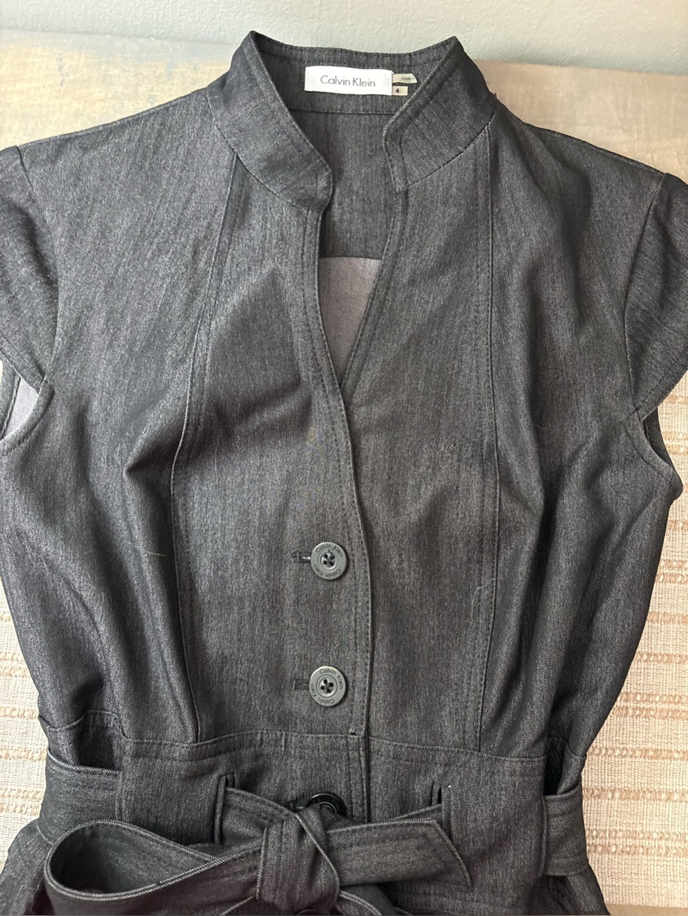 Calvin Klein dark wash charcoal denim cap sleeve belted dress size 4 EUC